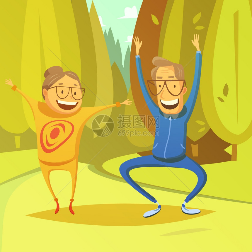 老人体操插图老人体操背景与森林田野卡通矢量插图图片