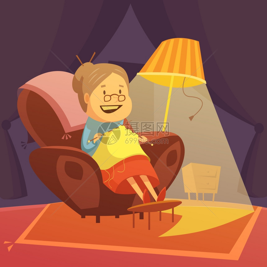 祖母编插图祖母编扶手椅背景与灯地毯卡通矢量插图图片