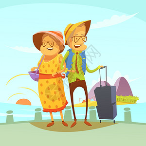 老夫妇旅行插图老夫妇旅行背景与手提箱景点卡通矢量插图图片