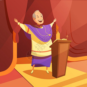 教皇与群众教皇卡通插图教皇教会卡通背景与宗教信仰符号矢量插图插画