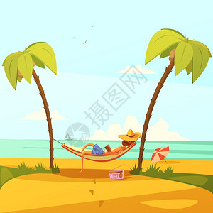 海滩插图上的人男人海滩背景与吊床帽收音机棕榈卡通矢量插图图片