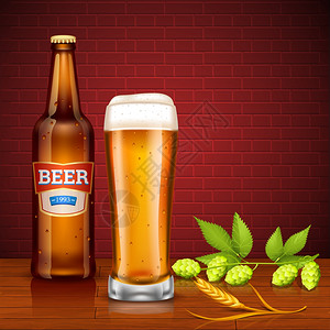 啤酒理念与瓶子璃与啤酒瓶,全杯大麦穗啤酒花锥砖墙背景矢量插图图片