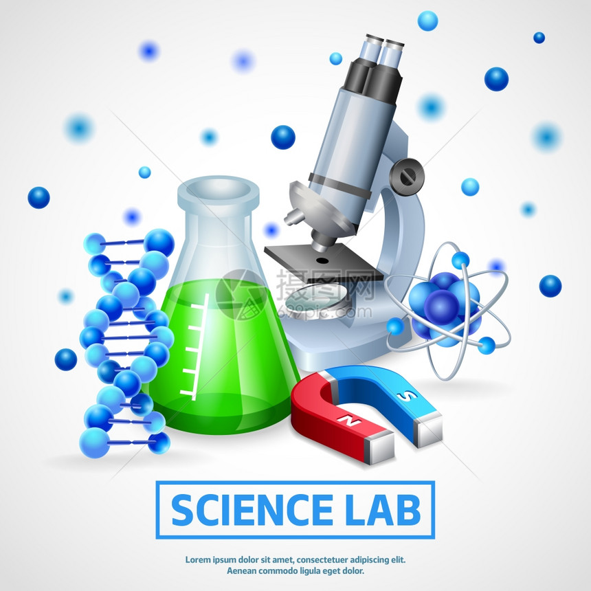 科学实验室理念科学实验室现实与显微镜模型的DNA分子烧瓶与化学试剂载体插图图片