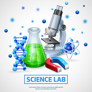 科学实验室理念科学实验室现实与显微镜模型的DNA分子烧瓶与化学试剂载体插图插画