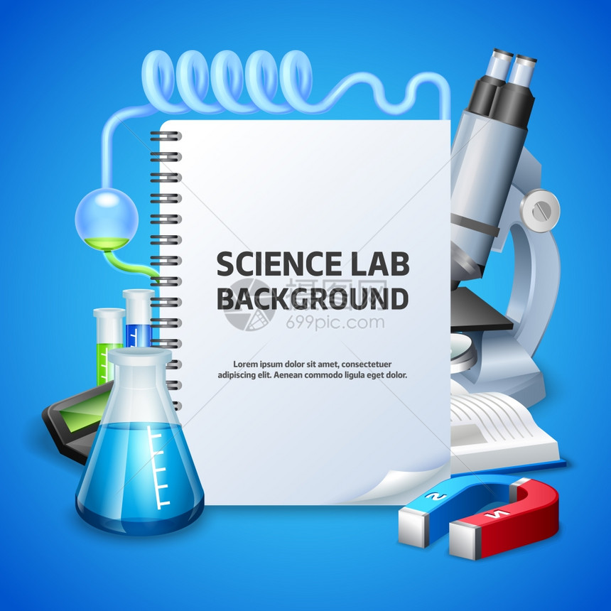 科学实验室背景科学实验室海报与记事本实验室设备的蓝色背景现实矢量插图图片