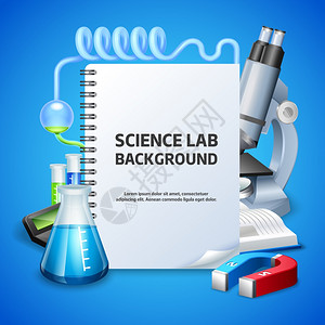 科学实验室背景科学实验室海报与记事本实验室设备的蓝色背景现实矢量插图图片