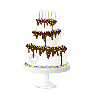生日蛋糕插图现实的生日蛋糕与巧克力糖霜蜡烛甜滴矢量插图图片
