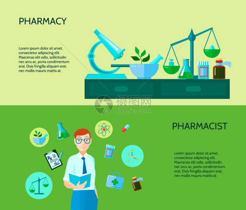 两个药剂师横幅套两个药房横幅描述药剂师制造药物物质过程矢量插图图片