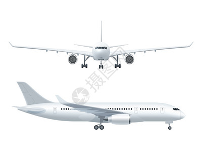 舷窗飞机现实图标白色飞机图标白色背景的轮廓前矢量插图插画