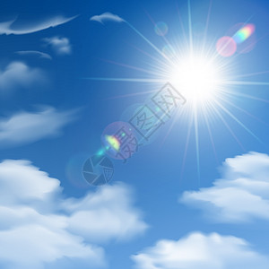 阳光背景海报阳光照射白云蓝天矢量插图背景上的明亮的灯光海报图片