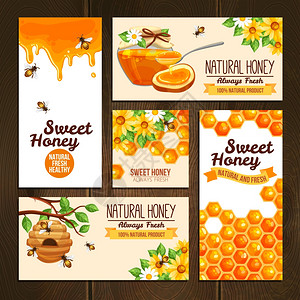 蜂蜜广告横幅水平垂直方形横幅呈现天然蜂蜜与蜜蜂蜂箱蜡细胞矢量插图背景图片