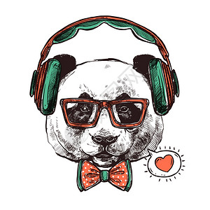 肖像矢量嬉皮士肖像动物嬉皮士肖像熊猫带耳机眼镜,领结心脏矢量插图插画