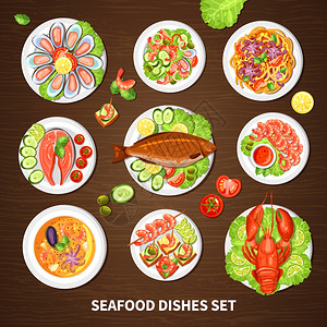 海鲜与蔬菜海报上海鲜菜肴海报与海鲜菜集同的鱼类,癌症,龙虾,贻贝鱿鱼与蔬菜矢量插图插画