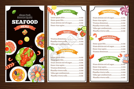 蟹籽沙拉海鲜餐厅菜单紧凑的颜色菜单,海鲜咖啡馆餐厅与木材背景与标题的餐矢量插图插画