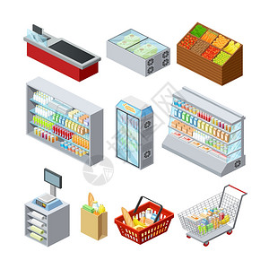 冷冻室等距超市图标超市货架展示冰箱收银台客户购物篮抽象等距图标收集孤立矢量插图插画
