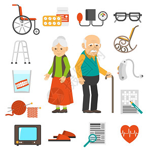 老年人护理老人配件平图标老夫妇与高级护理产品平图标收集与步行者甘蔗抽象孤立矢量插图插画