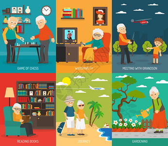老人6平图标横幅老人素质生活6平图标成与旅游爱好抽象孤立矢量插图图片