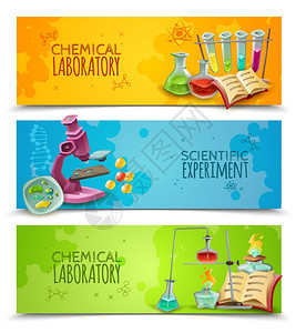 科学化学实验室平横幅套化学研究实验室设备用于科学实验3平抽象水平横幅矢量孤立插图背景图片