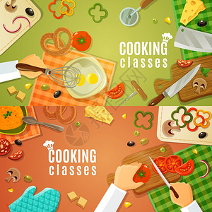 烹饪课顶视图烹饪课顶视图与厨具产品厨房桌子厨师手切蔬菜木板矢量插图背景图片