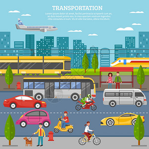 城市海报中的交通城市交通海报与人移动的飞机火车电车巴士个别车辆矢量插图背景图片