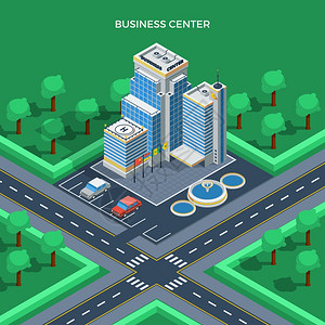 路与树素材商业中心等距顶视商业中心等距顶视图与停车喷泉绿色公园周围的矢量插图插画