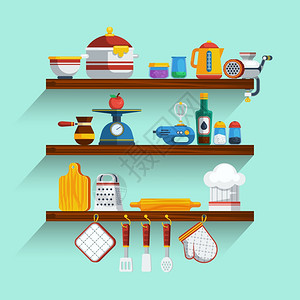 小架子厨房架子厨房架子厨房货架矢量插图烹饪平符号厨房货架套烹饪元素收集插画