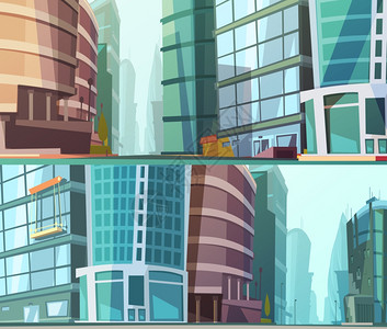 美国熨斗大厦现代建筑奥多2横幅现代璃墙建筑街景特写2幅卡通风格横幅抽象矢量插图插画