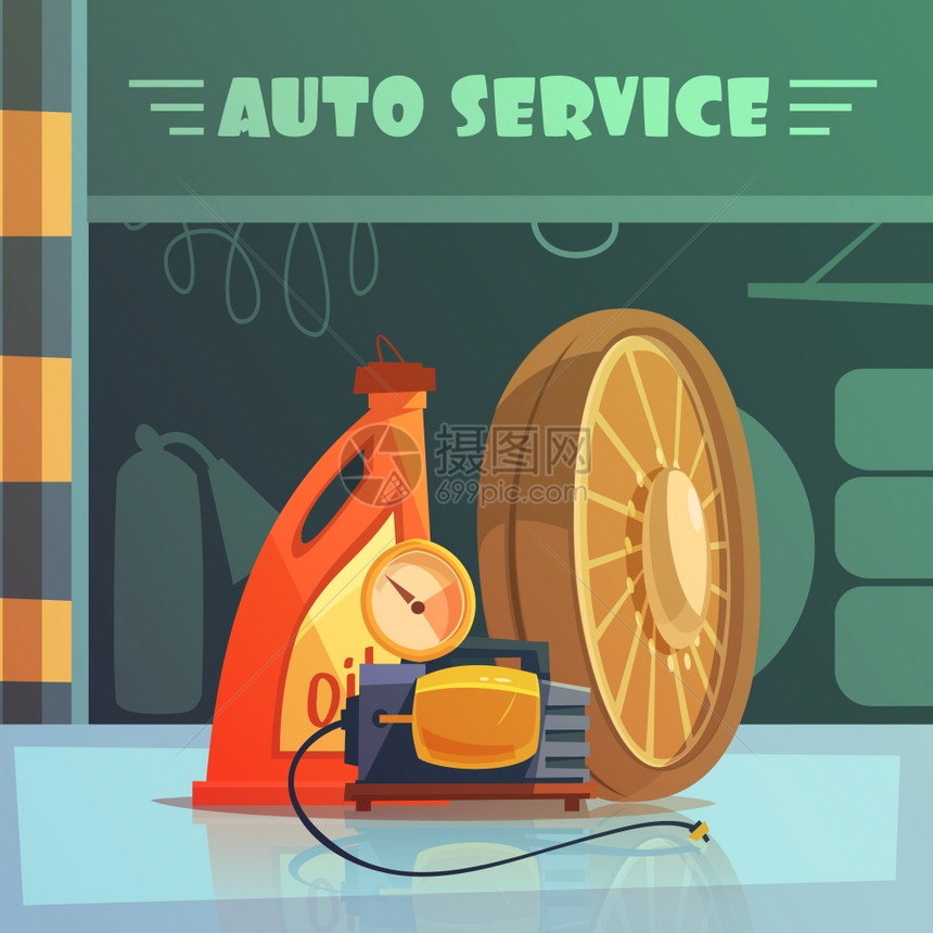 汽车服务插图汽车服务设备卡通背景与油车轮矢量插图图片