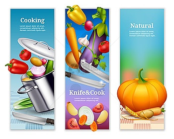 天然蔬菜垂直横幅三个彩色垂直横幅广告自然食品与新鲜烹饪蔬菜厨房用具现实矢量插图图片