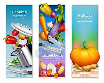 生态厨房天然蔬菜垂直横幅三个彩色垂直横幅广告自然食品与新鲜烹饪蔬菜厨房用具现实矢量插图插画