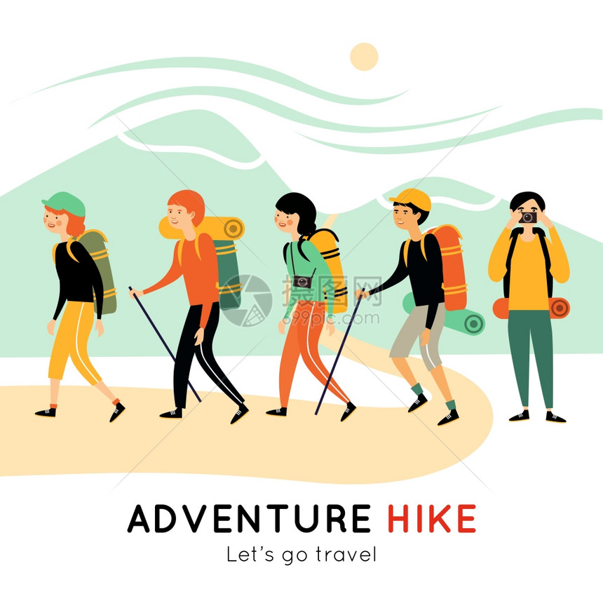 快乐朋友的冒险远足冒险徒步旅行的快乐朋友与背包垫,相机,手杖山区景观矢量插图图片