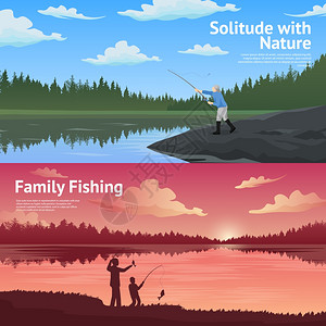 家庭钓鱼水平横幅家庭钓鱼背2平水平横幅户外活动抽象孤立矢量插图图片