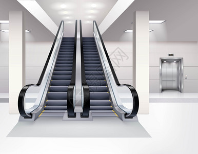 电梯楼梯自动扶梯内部现实上下扶梯内部建筑与电梯内部现实矢量插图插画