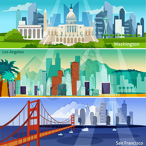 弗朗西斯科美国城市景观横幅美国城市景观平美国景点水平横幅美国城市矢量插图美国城市集合美国城市景观插画