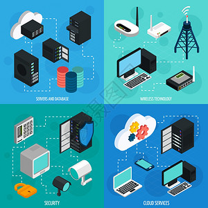 wifi路由器数据中心2x2等距图标数据中心2x2等距图标数据库云服务安全无线技术隔离等距矢量插图插画