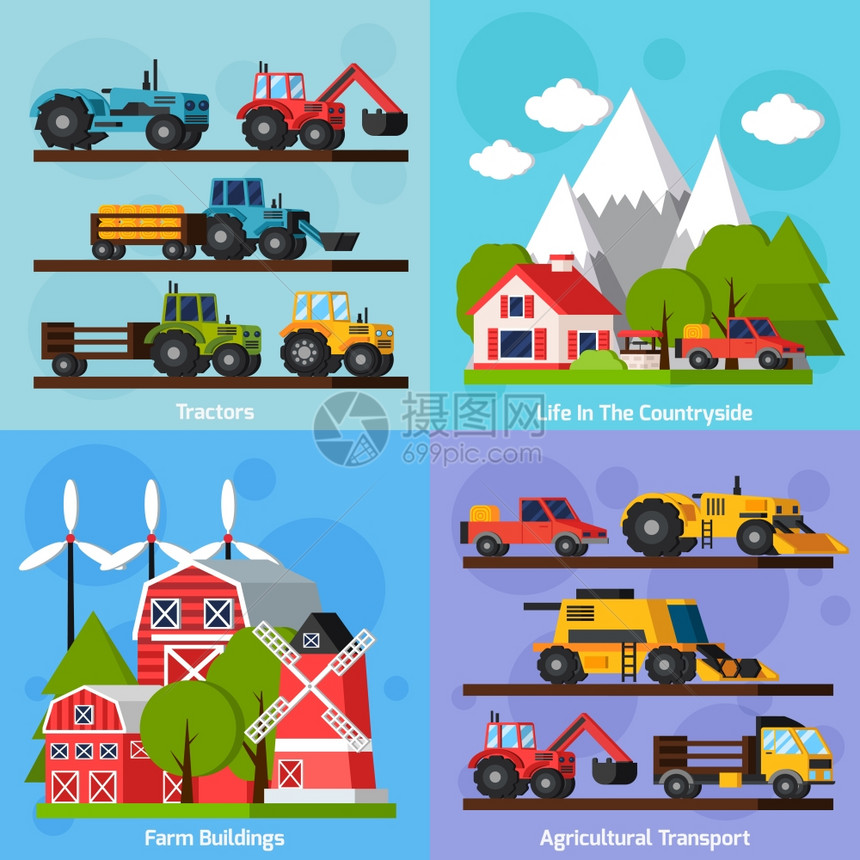 农场正交平2x2图标农场正交平2x2图标生活农村拖拉机,农业运输农场建筑矢量插图图片