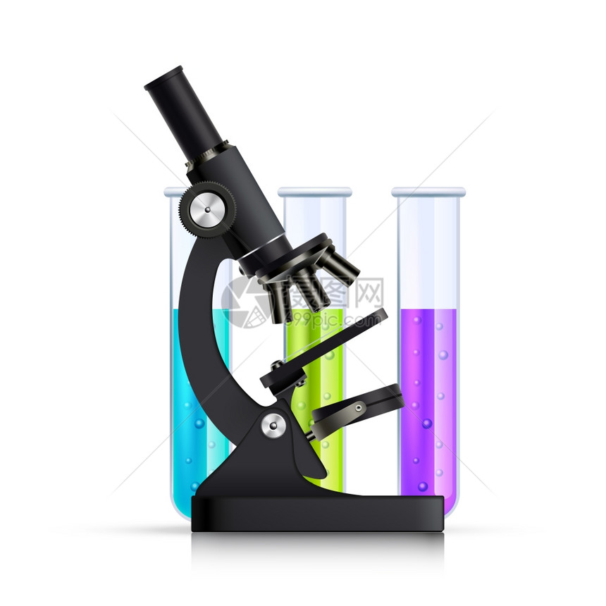 显微镜与试管真实图像科学化学研究实验室设备黑色显微镜侧视图与3个彩色试管逼真矢量插图图片