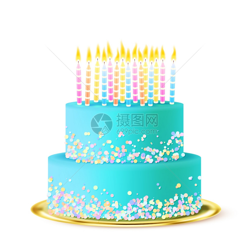 婚礼蛋糕很现实现实的两层浅蓝色婚礼蛋糕图标与蜡烛装饰金盘矢量插图图片