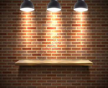 墙架子空架插图现实的木制空架插图砖墙下的聚光灯下与阴影矢量插图插画