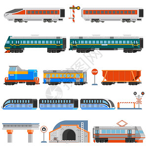 铁路运输平彩色图标铁路运输平彩色图标集客货车机车轨电车隧道单轨孤立矢量插图背景图片