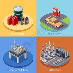 产品摄影图石油工业等距4ICOS广场石油工业等距4图标方形海报与炼油厂加油站抽象孤立矢量插图插画