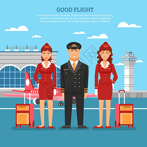 机场员工海报机场员工海报上标题好的航,飞行员与两名空姐照机场矢量插图图片