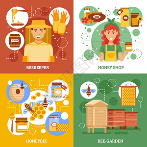 蜜蜂园养蜂理念四个养蜂图标集描述养蜂人工作蜂蜜店蜜蜂蜂园矢量插图插画