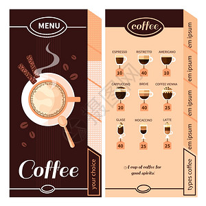 咖啡菜单咖啡菜单的咖啡馆,餐厅,咖啡馆酒吧的名字,咖啡类型的盘子雪茄平矢量插图背景图片