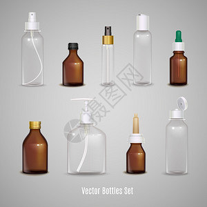 酒精喷雾套透明的逼真的瓶子同透明空瓶的图像集,用于包装药物香水,逼真的孤立矢量插图插画
