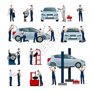 发动机故障汽车服务人员图标扁平图标同的工人汽车轮胎服务,他们的工作矢量插图插画