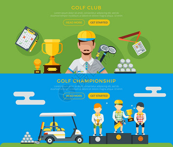 高尔夫俱乐部冠横幅高尔夫俱乐部锦标赛水平绿色蓝色横幅与球员高尔夫车设备平矢量插图背景图片