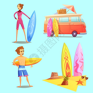 2个冲浪板冲浪复古卡通2x2图标冲浪复古卡通2x2图标与冲浪者巴士冲浪板海滩平复古卡通孤立矢量插图插画