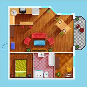 间卧室公寓平图间卧室公寓平图与厨房餐厅区阳台浴室房间学休闲平矢量插图背景图片