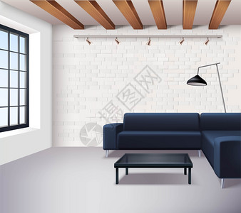 现实的阁楼内部逼真的阁楼内部极简风格与沙发咖啡桌窗口灯轻砖墙矢量插图图片
